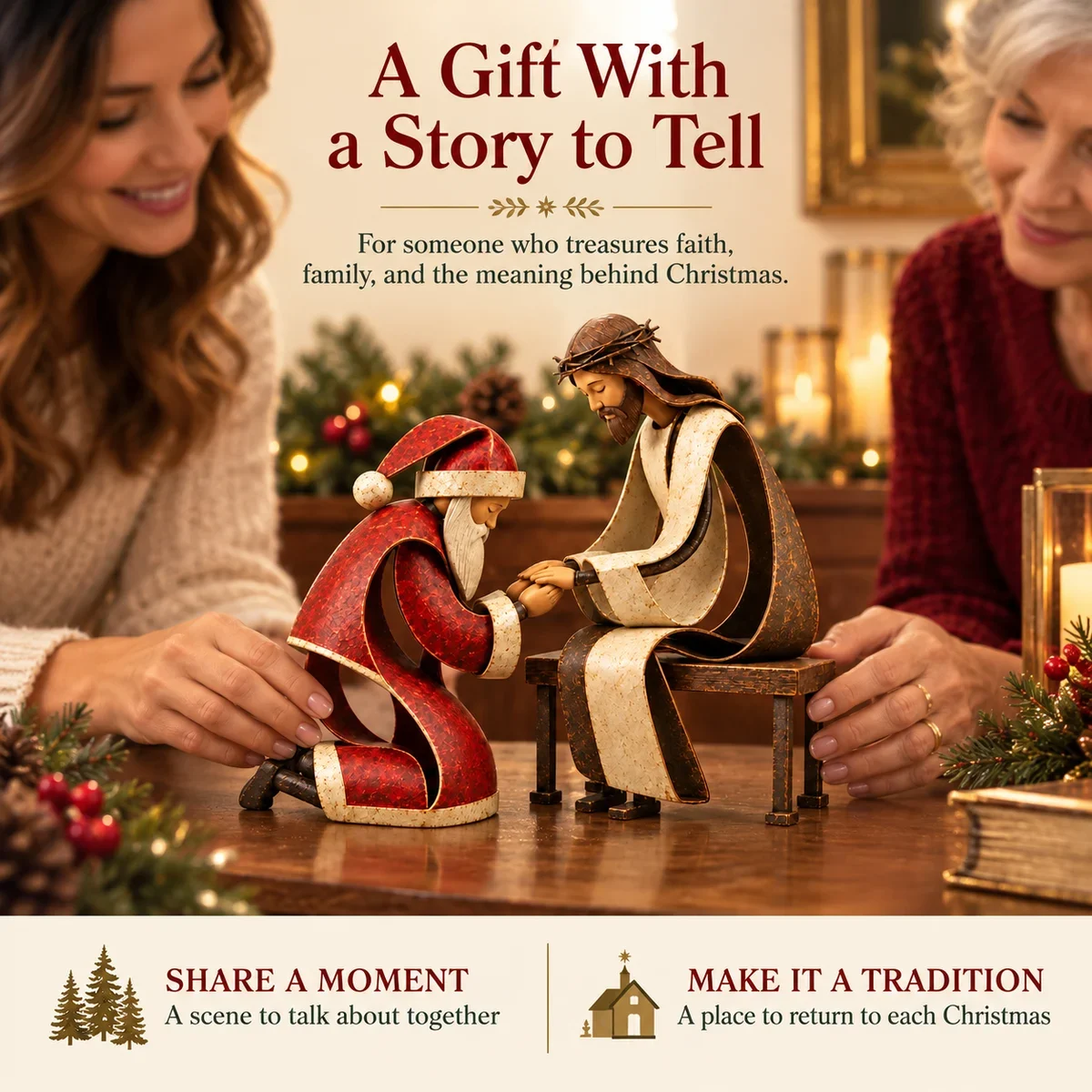 Santa and Jesus figurines being admired as a Christmas gift with a story