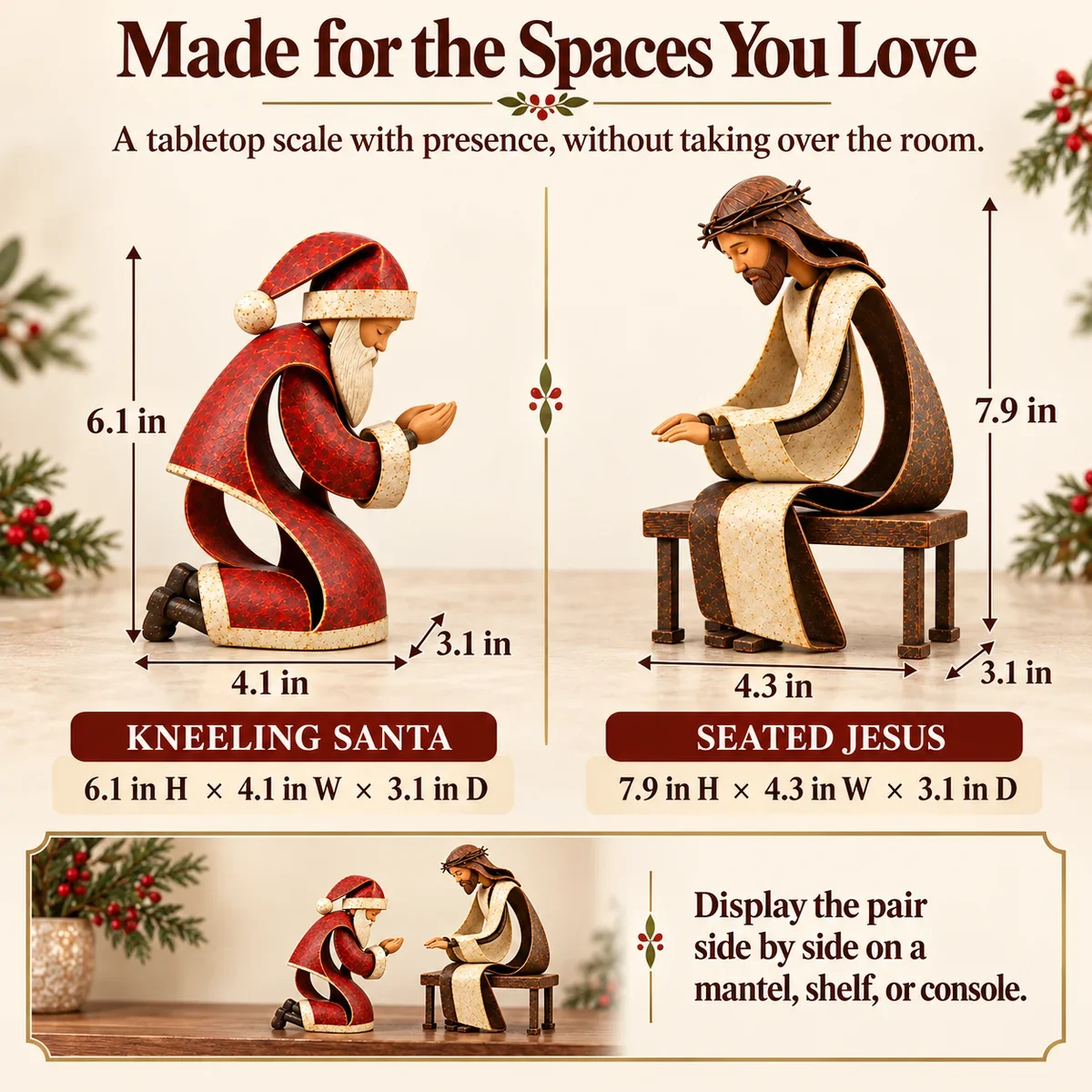 Dimension chart: kneeling Santa 6.1 by 4.1 by 3.1 inches and seated Jesus 7.9 by 4.3 by 3.1 inches
