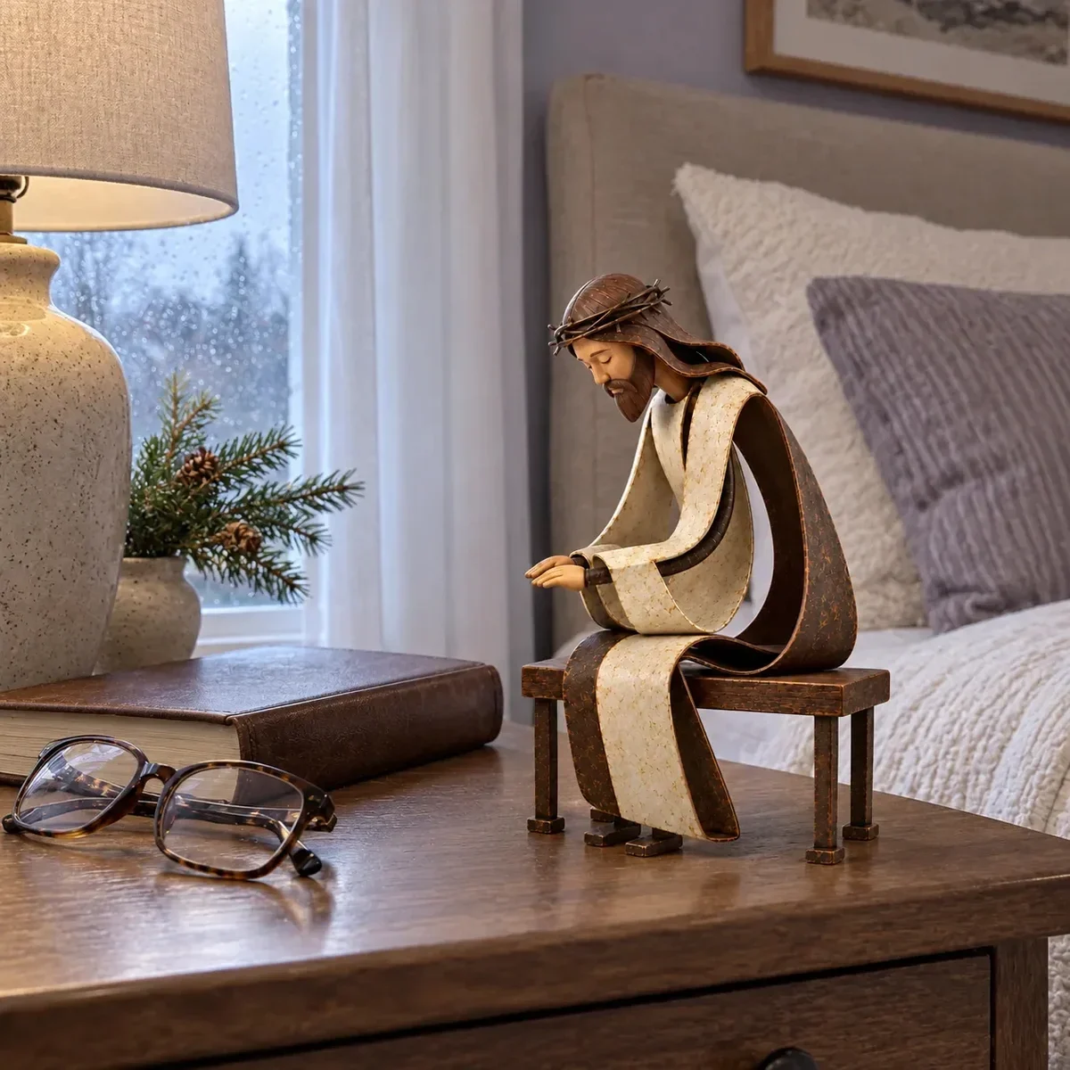Seated Jesus figurine with attached bench shown alone