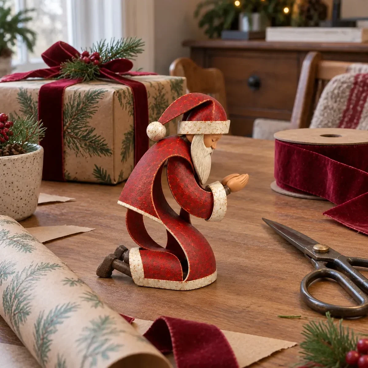 Kneeling Santa figurine shown alone
