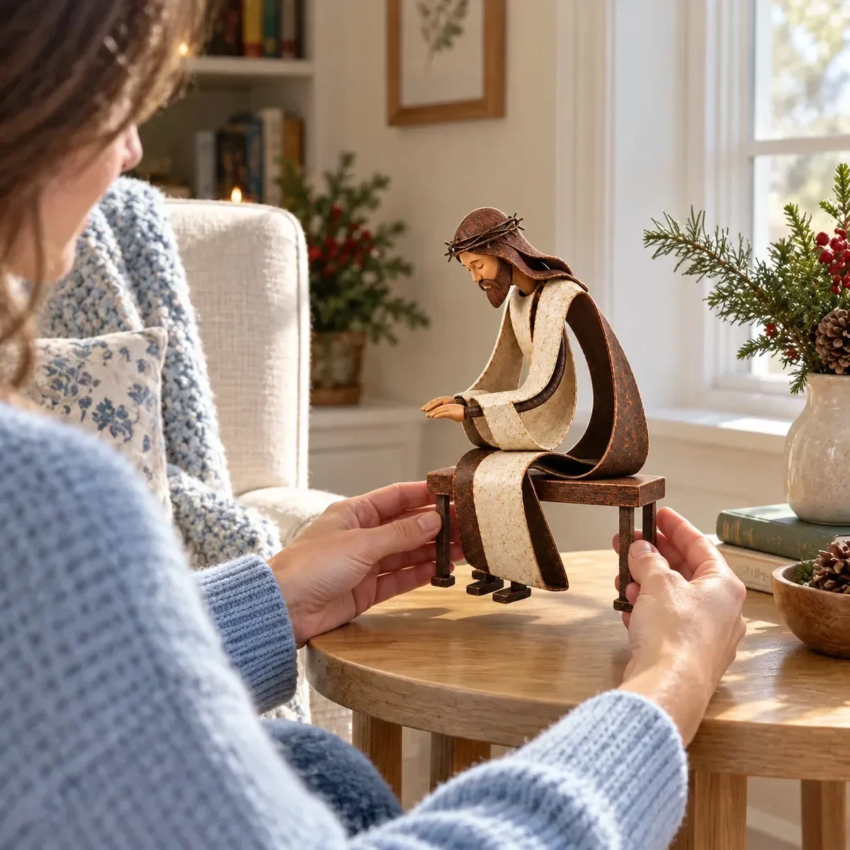 A person arranging the Jesus figure by hand, showing its tabletop scale