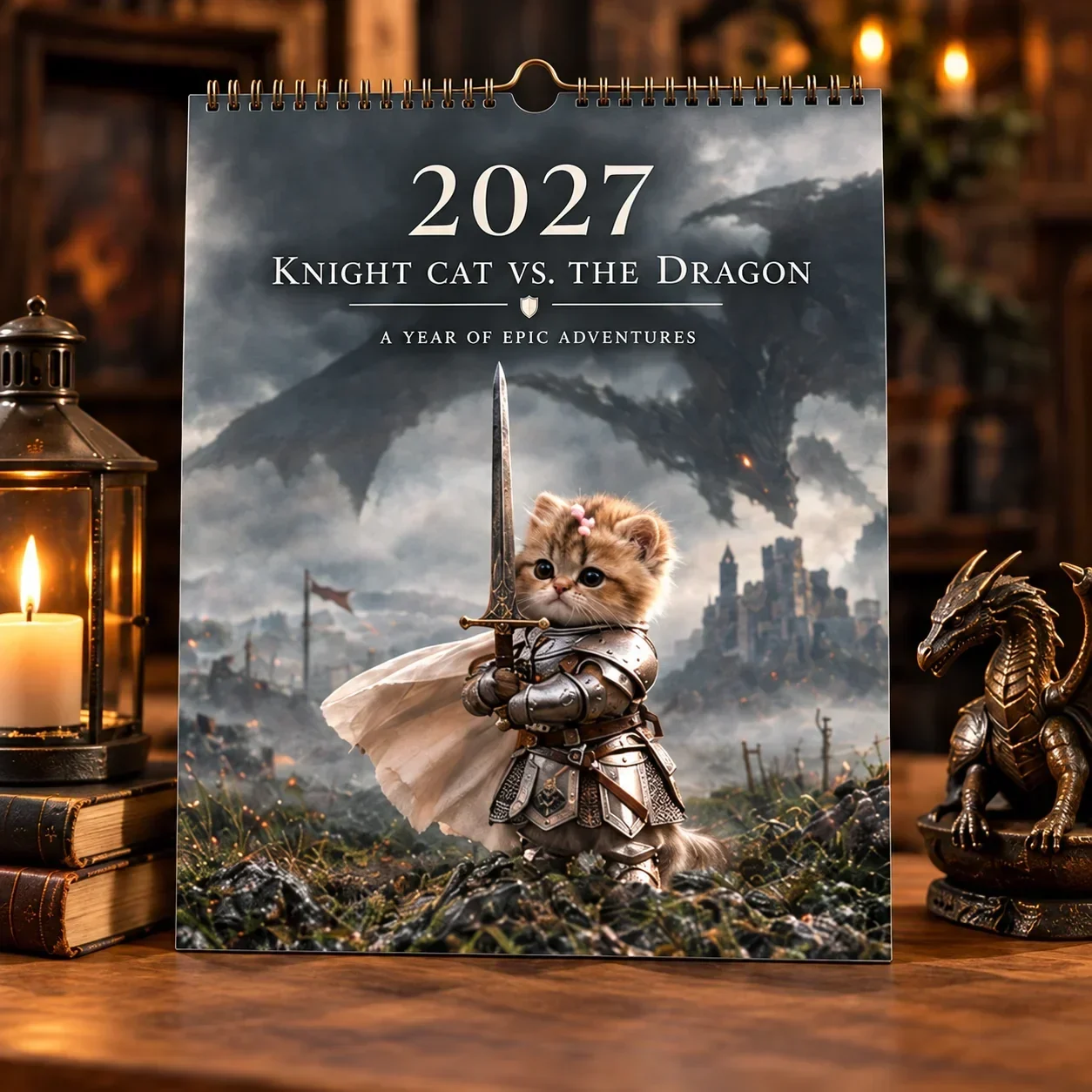 Cover of the 2027 Knight Cat vs. The Dragon calendar with an armored kitten and castle landscape