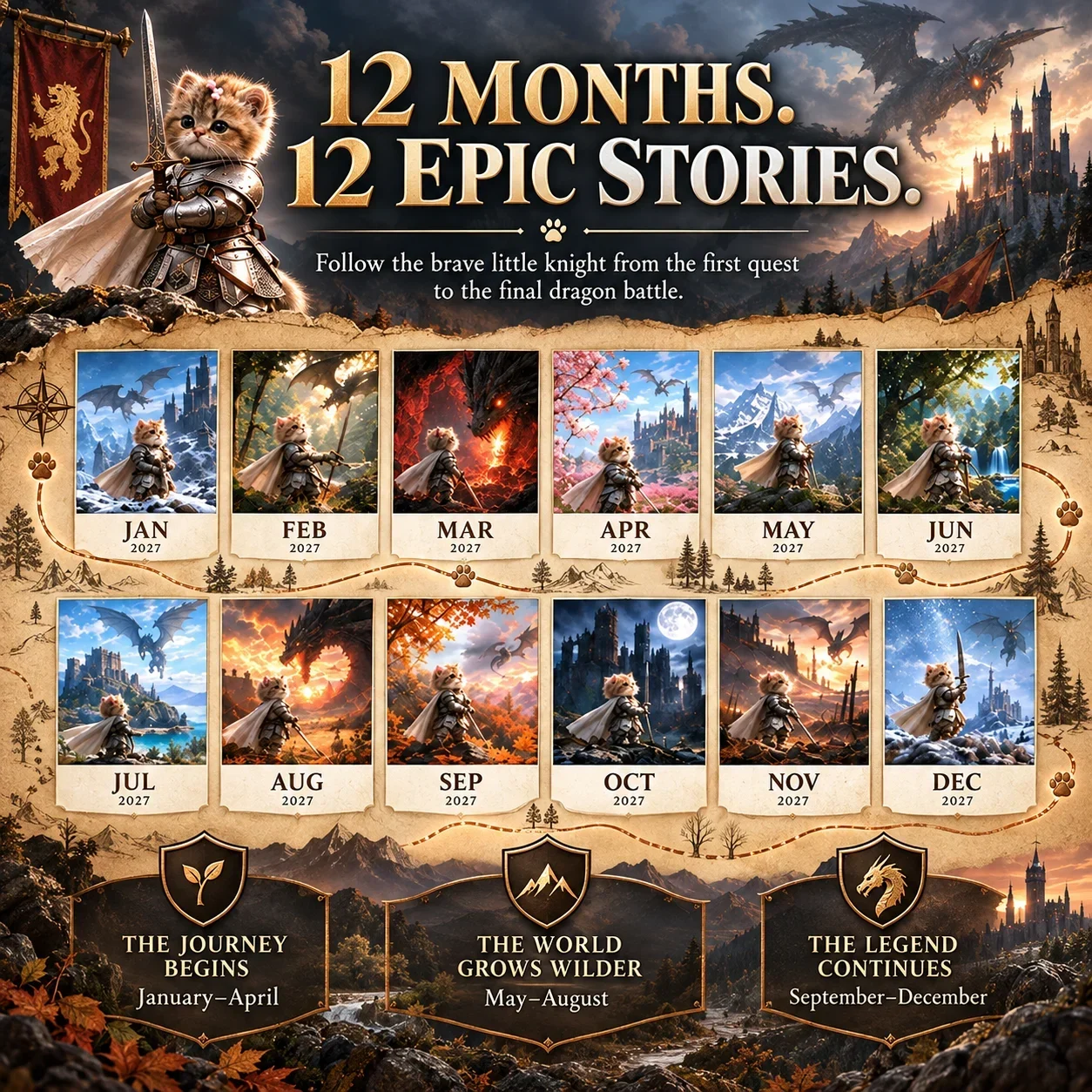 Twelve illustrated monthly scenes from the Knight Cat fantasy calendar