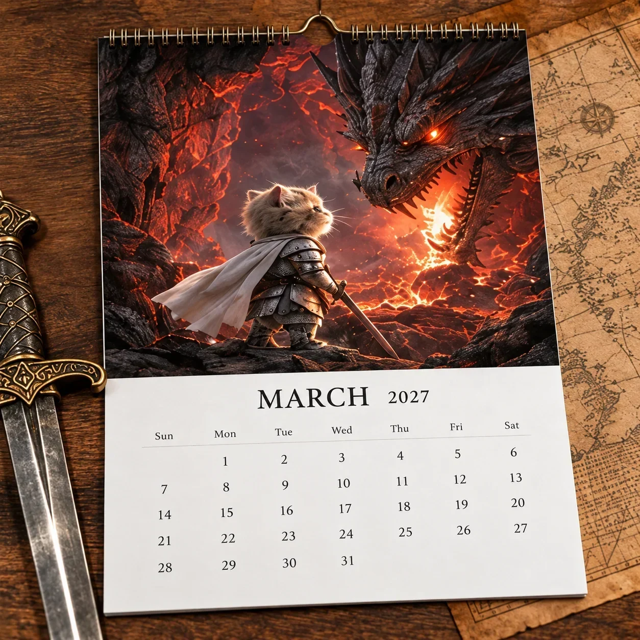 Close view of the March 2027 fantasy scene and complete date grid