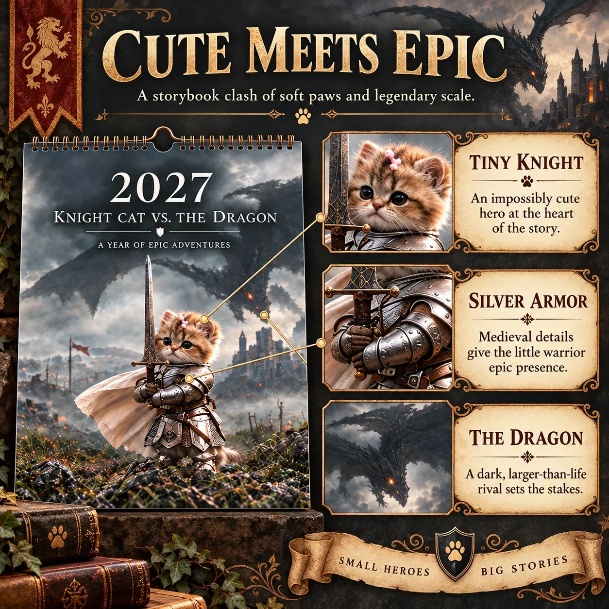 Close-up collage showing the armored kitten, fantasy artwork and calendar details