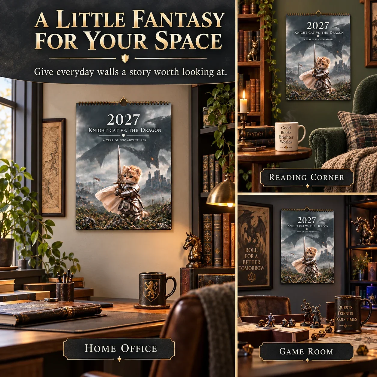 Knight Cat calendar displayed in different rooms as fantasy wall decor