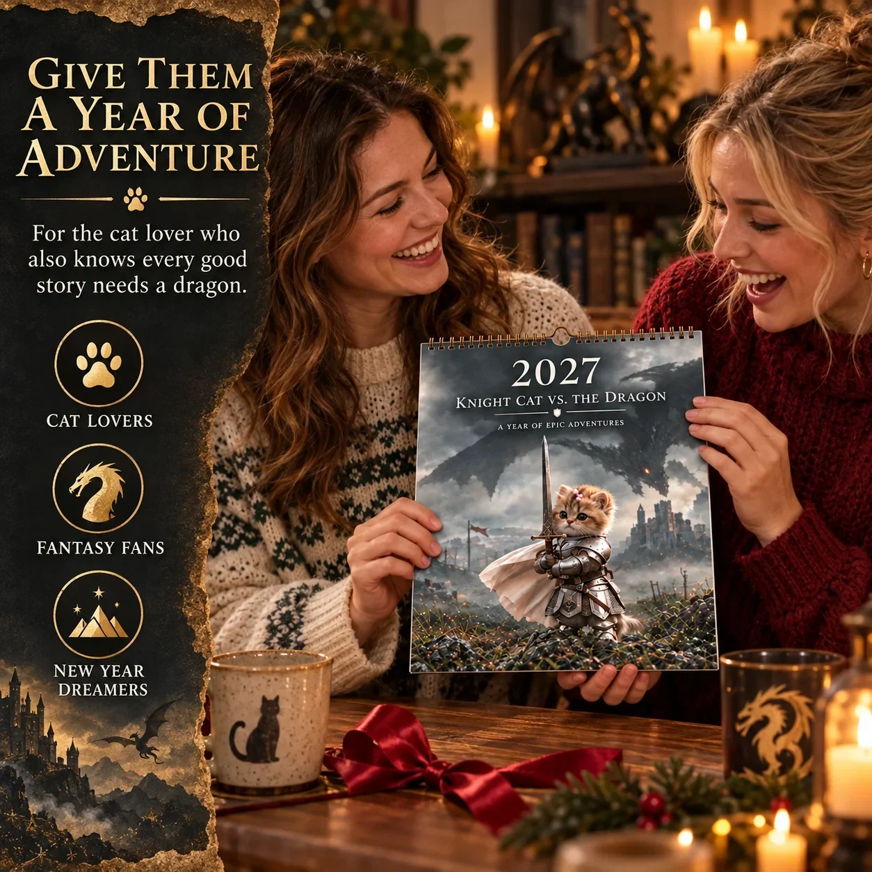 Two people looking at the Knight Cat calendar as a gift