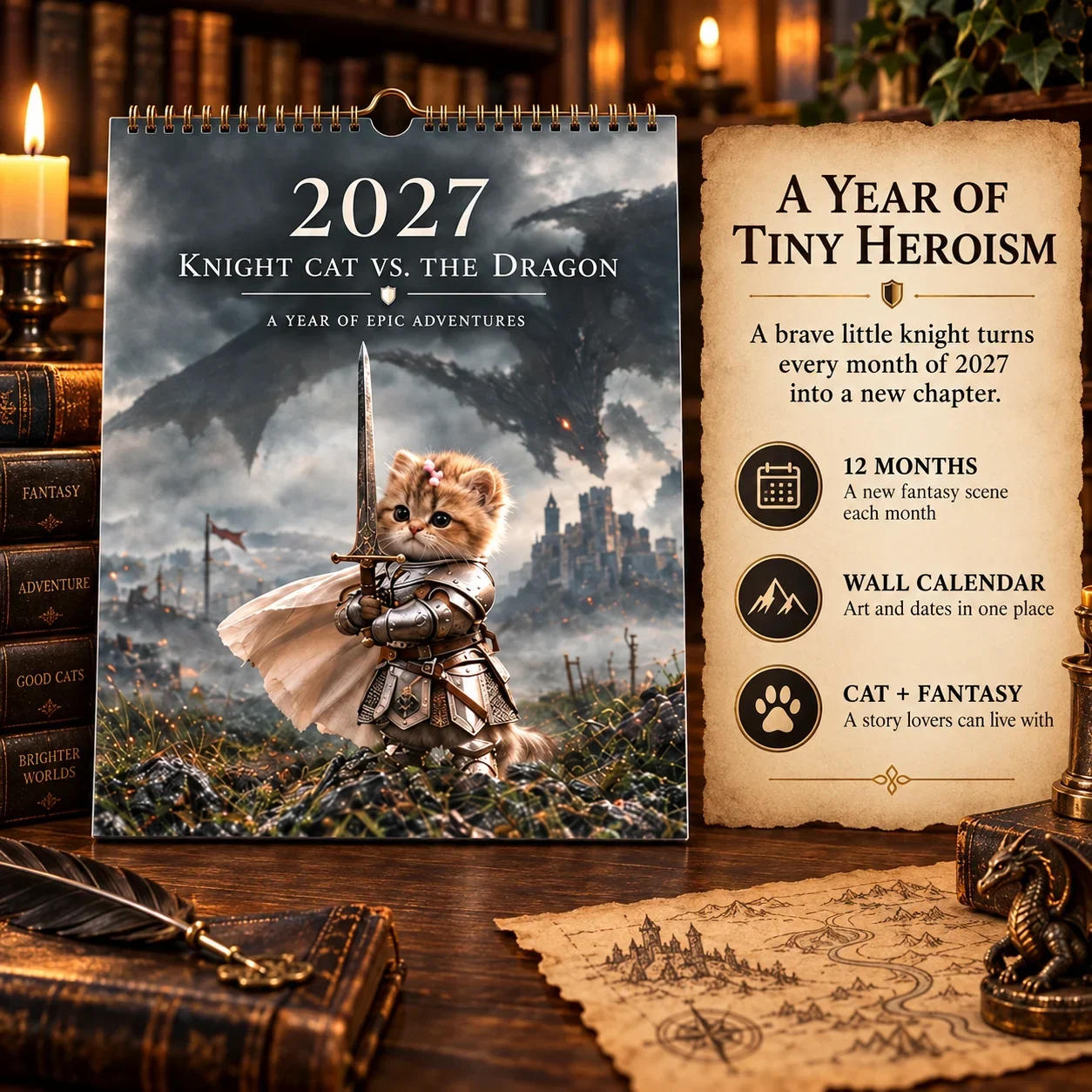 Knight Cat 2027 calendar cover with an adjacent overview of the twelve-month fantasy story