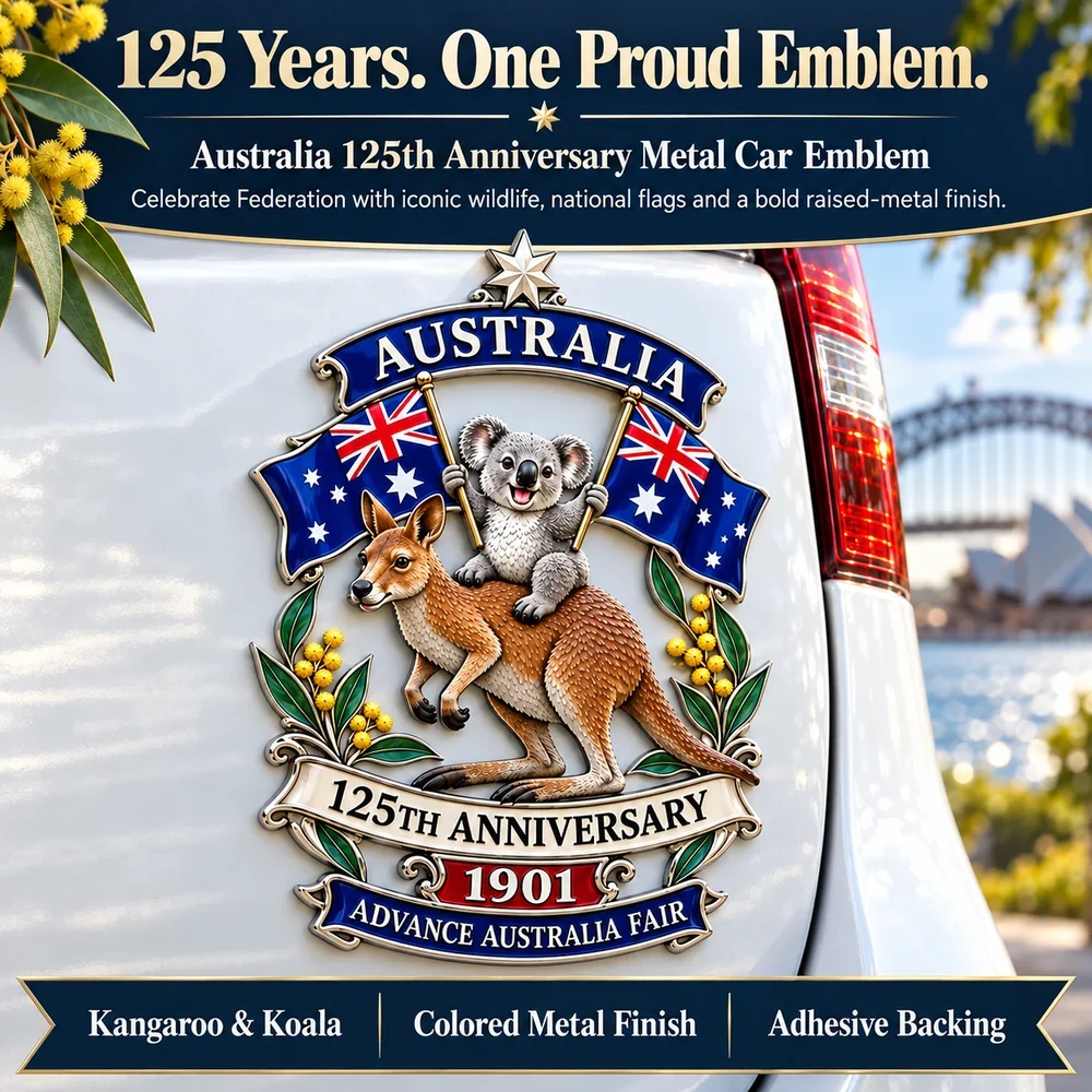Australia 125th Anniversary raised metal emblem on a vehicle, with kangaroo, koala and Australian flags