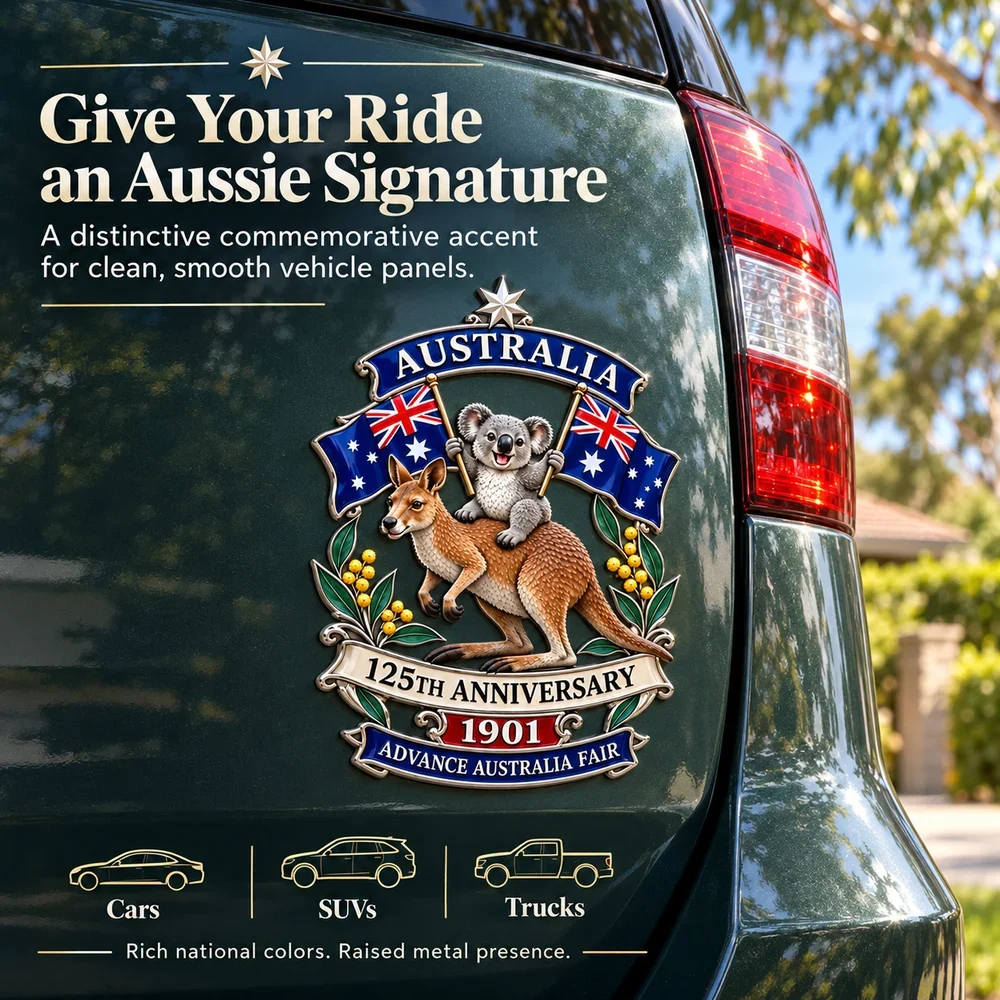 Anniversary emblem displayed on a dark green vehicle panel