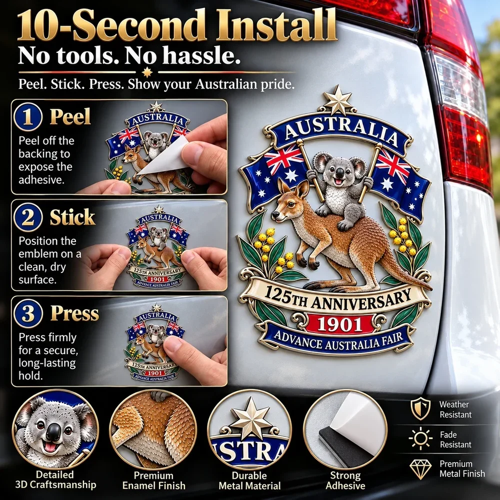 Adhesive application diagram showing peeling, placing and pressing the emblem