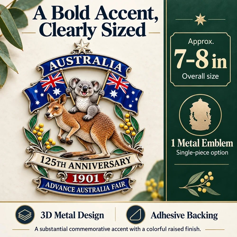 Size information: approximately 7–8 inches overall, one metal emblem for the single-piece option