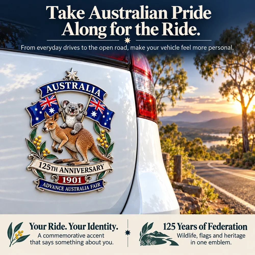 Anniversary emblem on a vehicle beside an Australian landscape at sunset