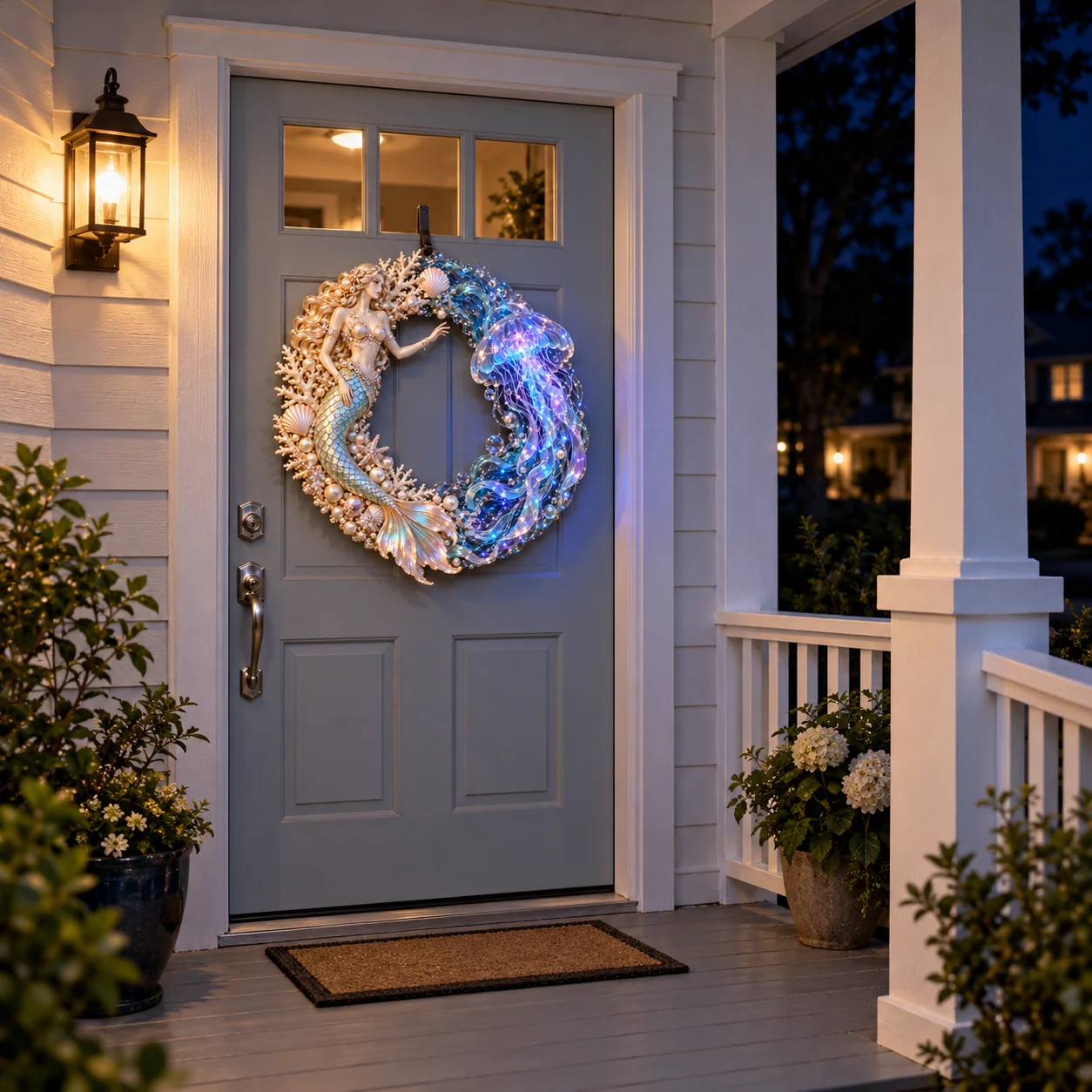 Mermaid and jellyfish wreath on a light-colored entrance door