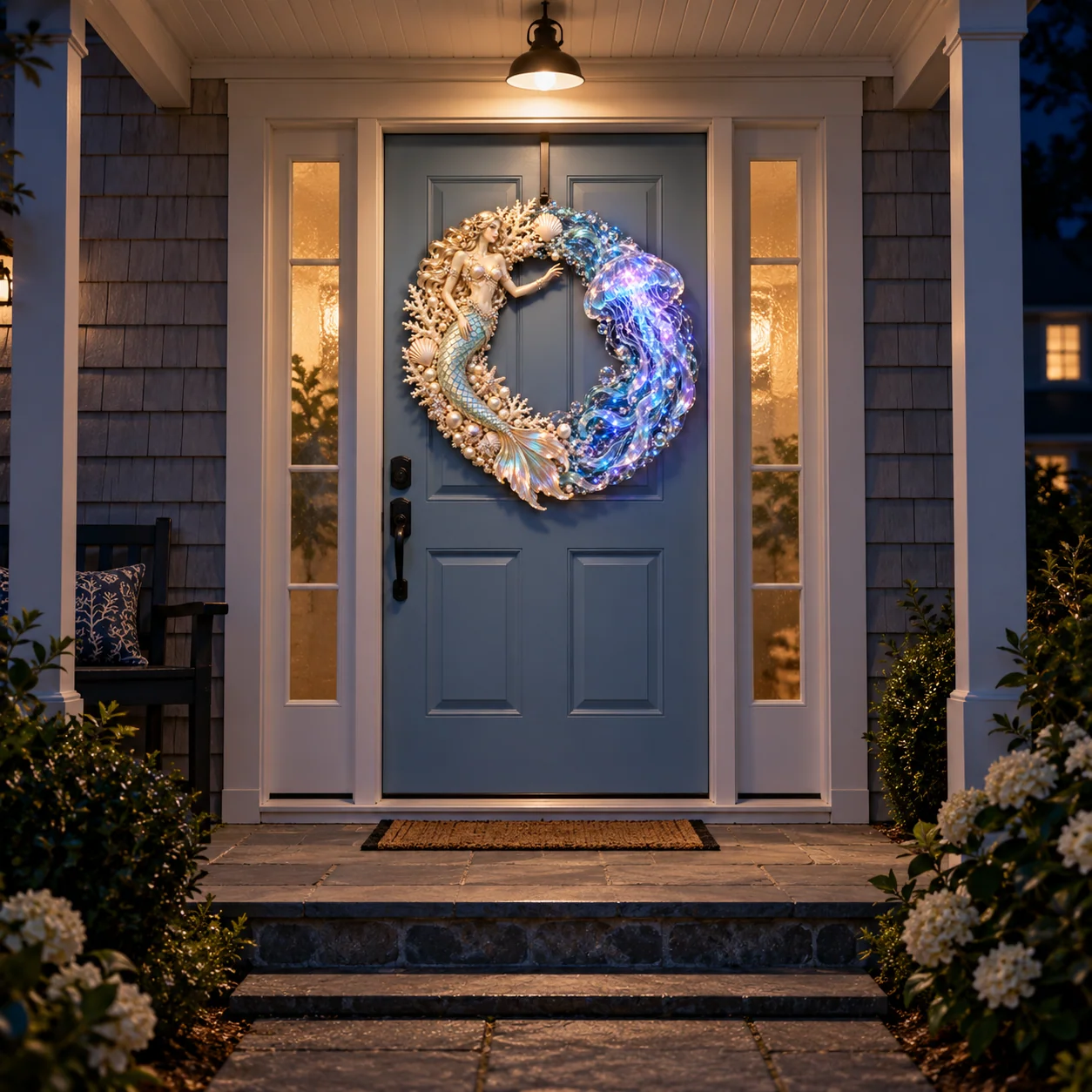 Glowing ocean wreath displayed at a shaded front entrance