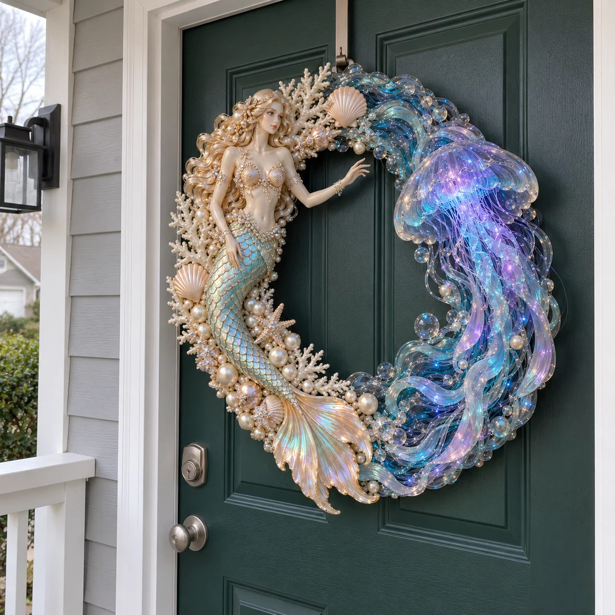 Angled view of the sculptural mermaid and jellyfish wreath on a green door