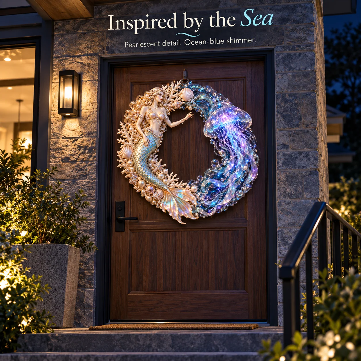 Mermaid wreath on a warm wood door with the words Inspired by the Sea