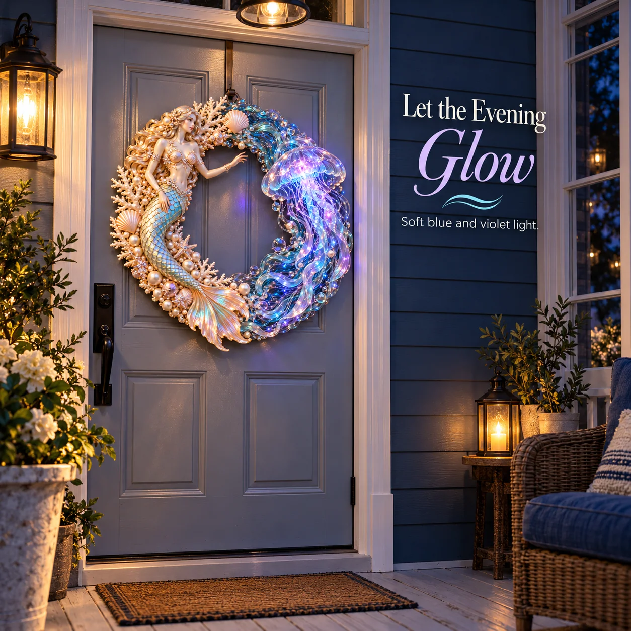 Glowing mermaid wreath on a gray porch door with the words Let the Evening Glow