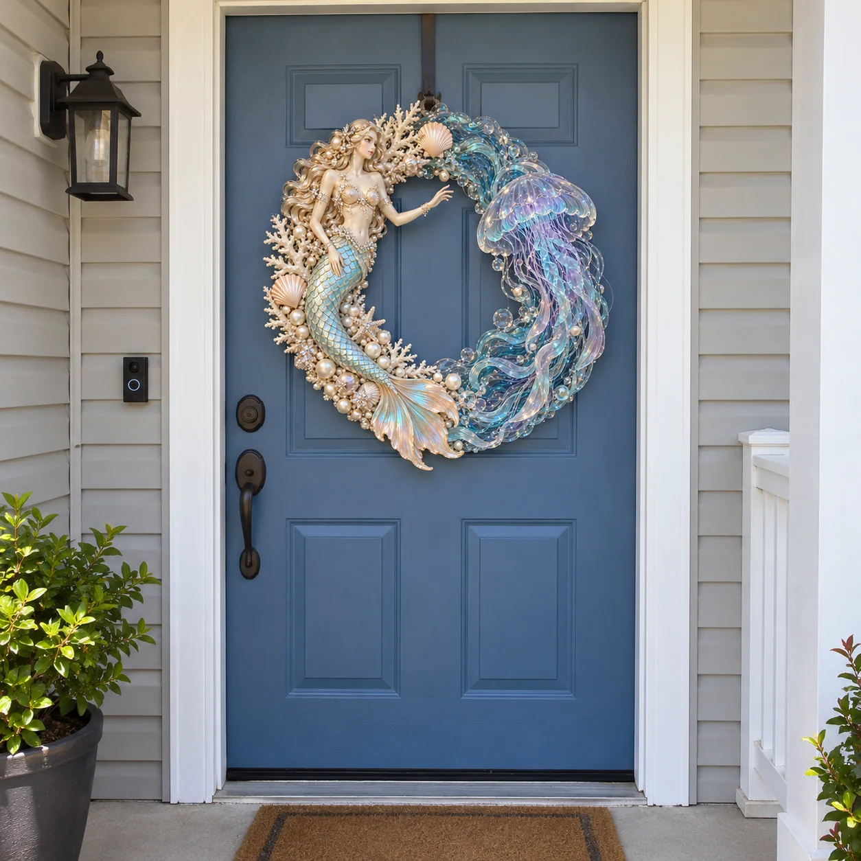 Mermaid and jellyfish wreath displayed on a blue door in daylight