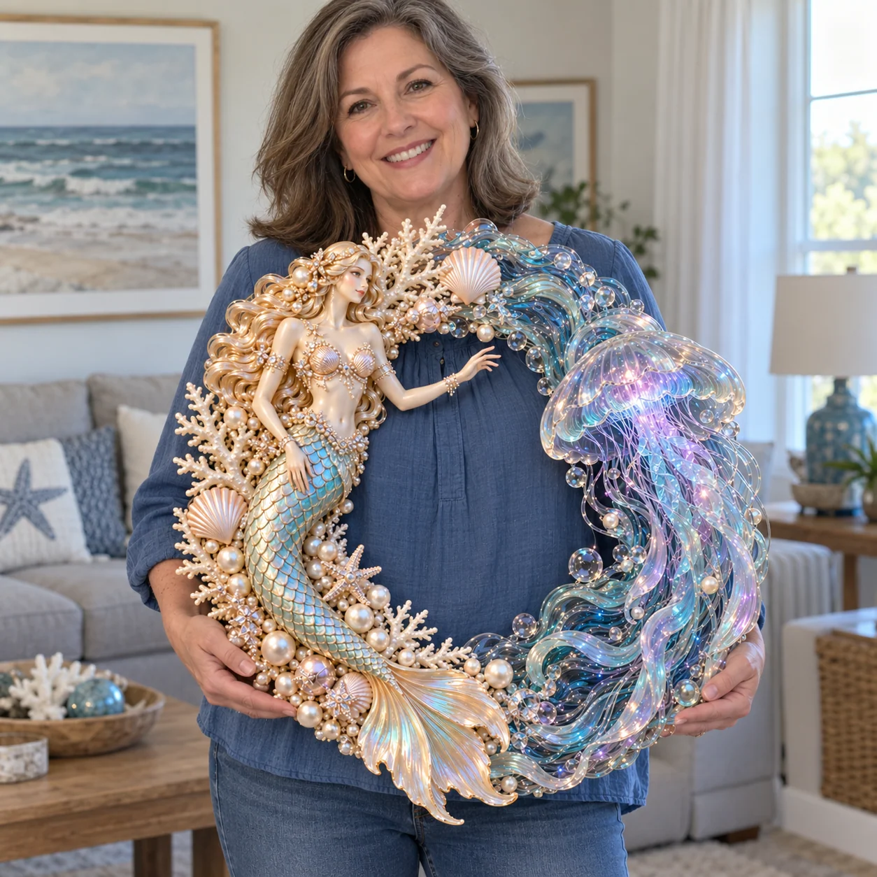 A woman holding the mermaid and jellyfish wreath in a coastal-style room