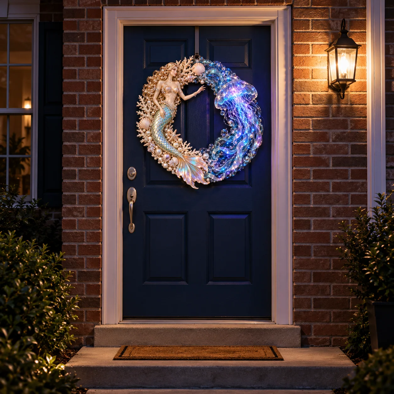 Illuminated mermaid wreath on a navy door with brick surroundings