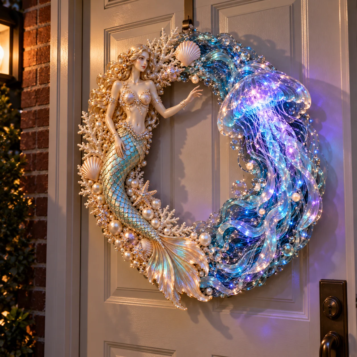 Mermaid and jellyfish wreath illuminated on a door after dark