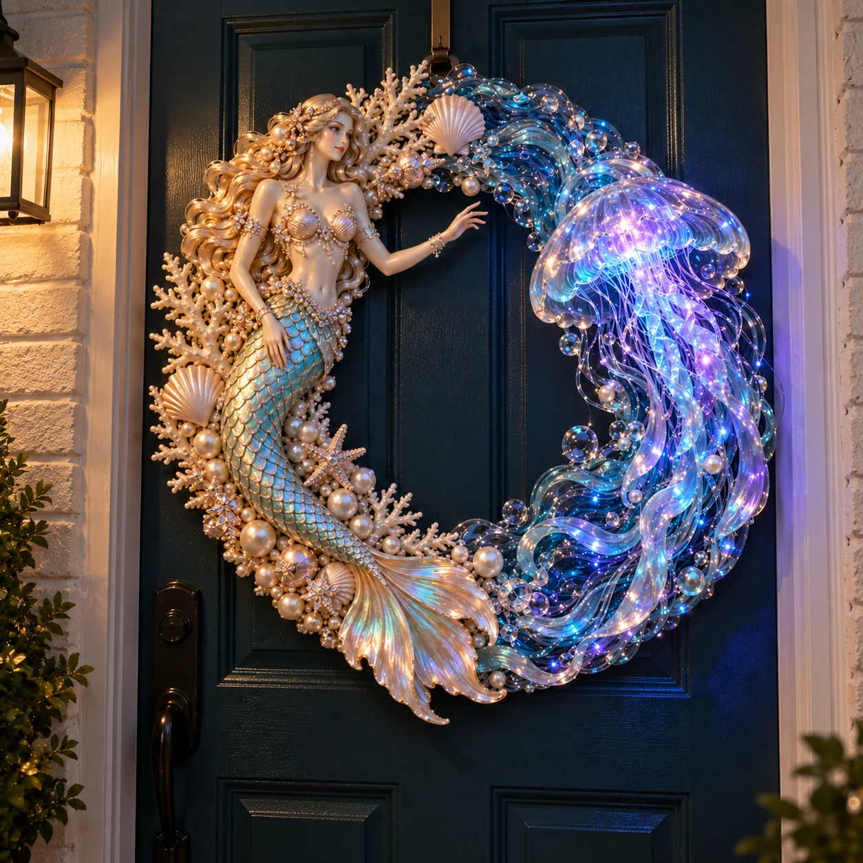 Full mermaid and jellyfish wreath with blue and violet illumination