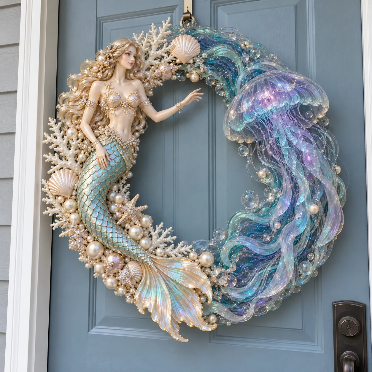 Front view showing the mermaid tail and jellyfish integrated into the wreath