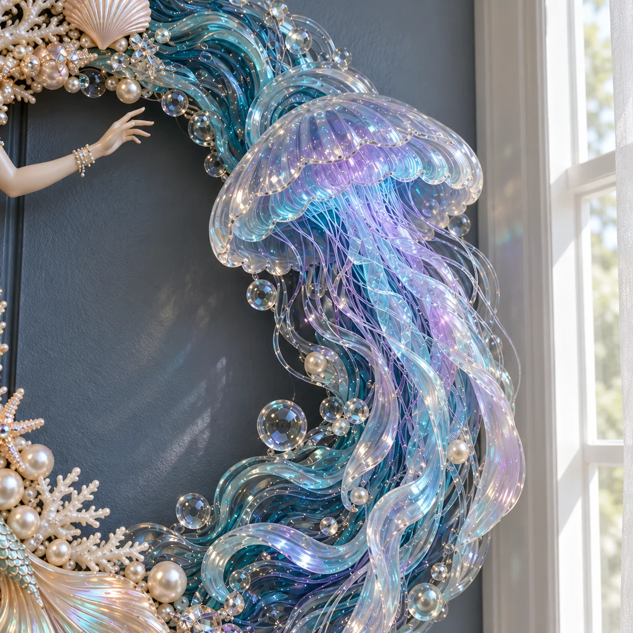 Close view of the translucent jellyfish and flowing blue wave details