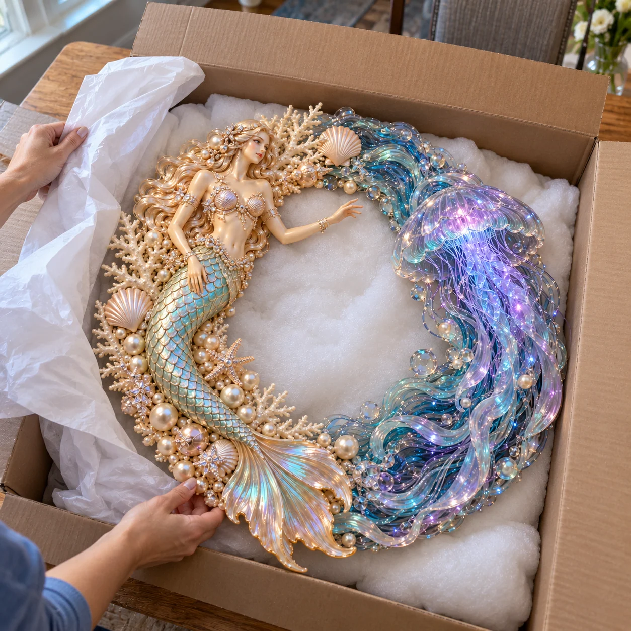 The mermaid and jellyfish wreath being lifted from a protective box