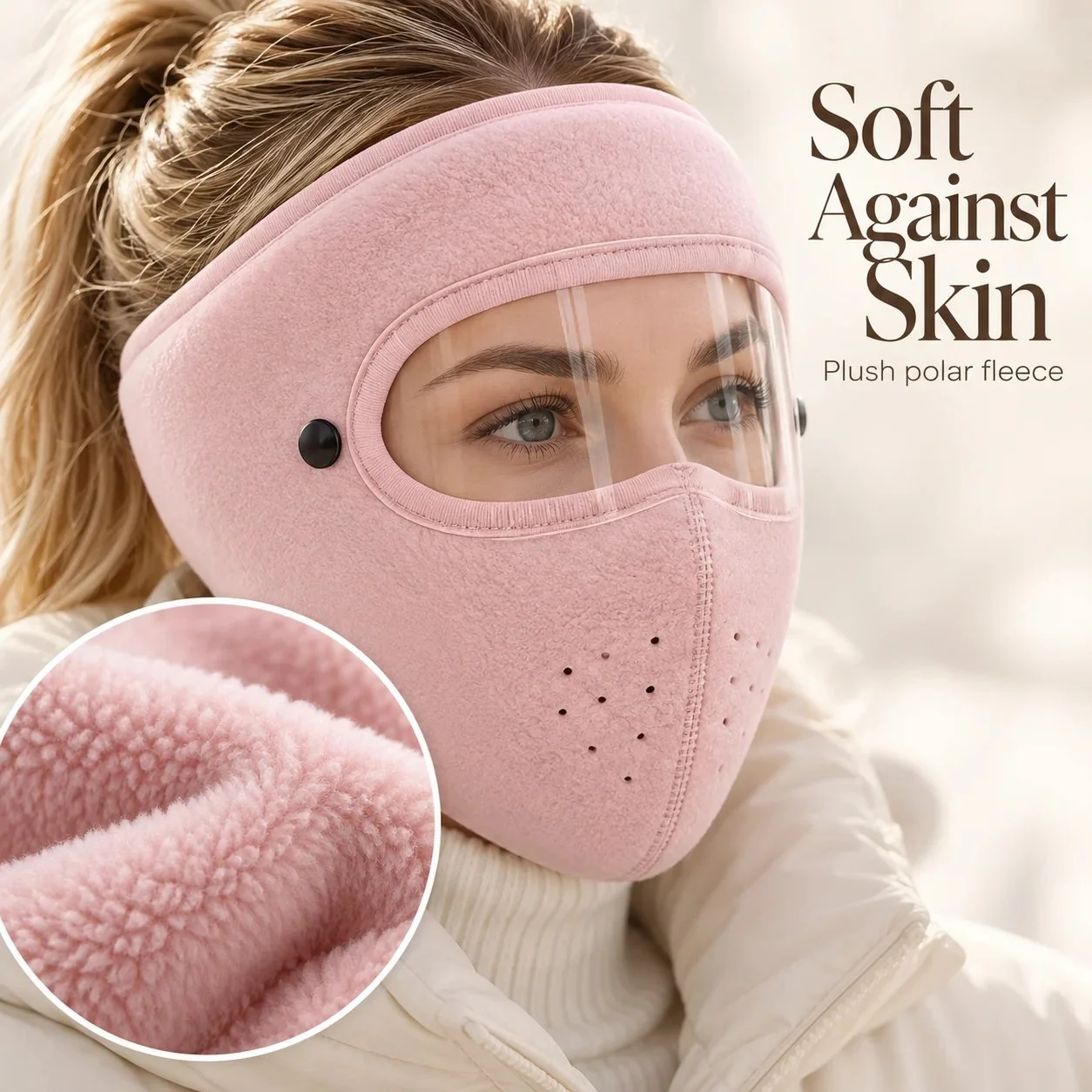 Close-up of the soft fleece fabric and cozy winter face mask