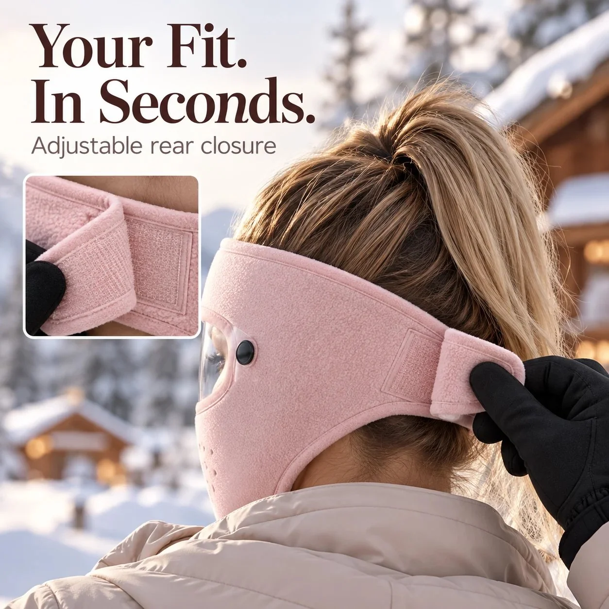 Adjustable hook-and-loop back closure on the fleece face mask