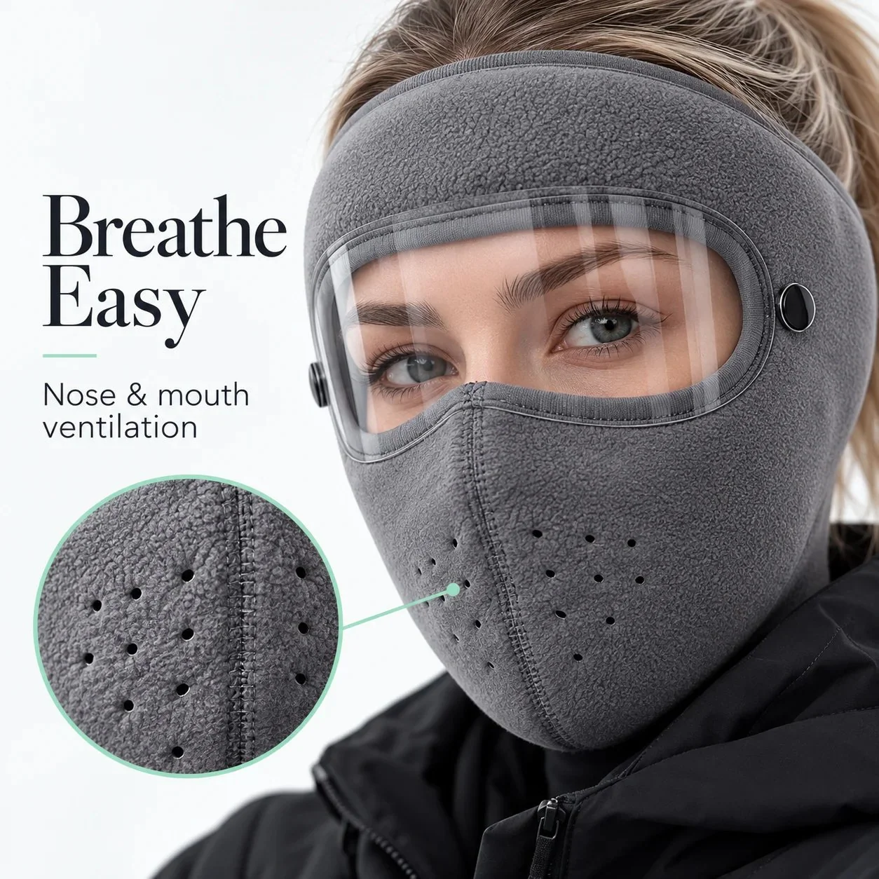 Ventilation openings around the nose and mouth of the winter fleece mask