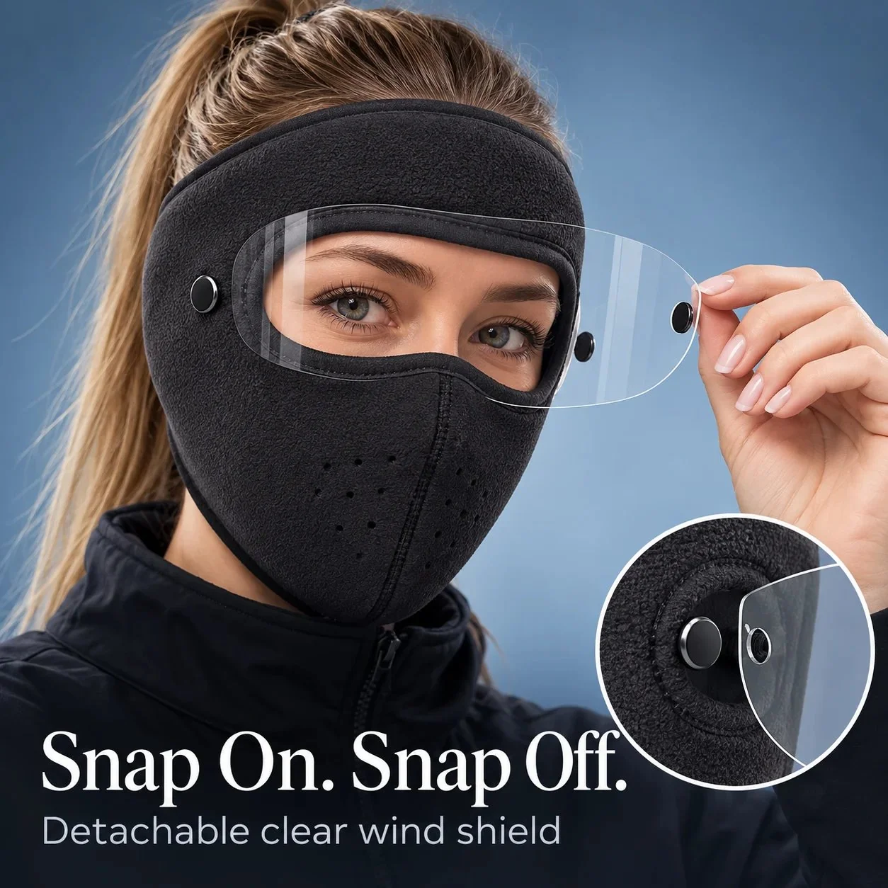Detachable transparent wind shield with snap-button attachments