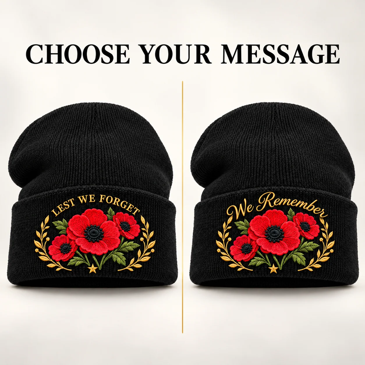 Comparison of the Lest We Forget and We Remember poppy beanie embroidery designs