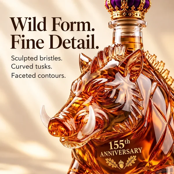 Wild boar figurative bottle with angular sculpted head and ivory-colored tusks