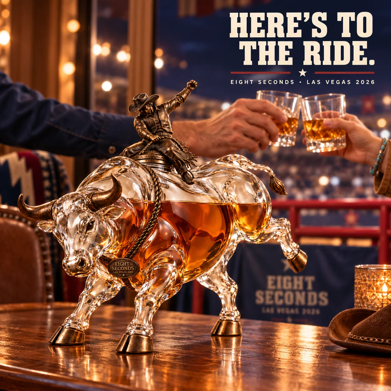 Sculptural bull whiskey decanter in Western setting