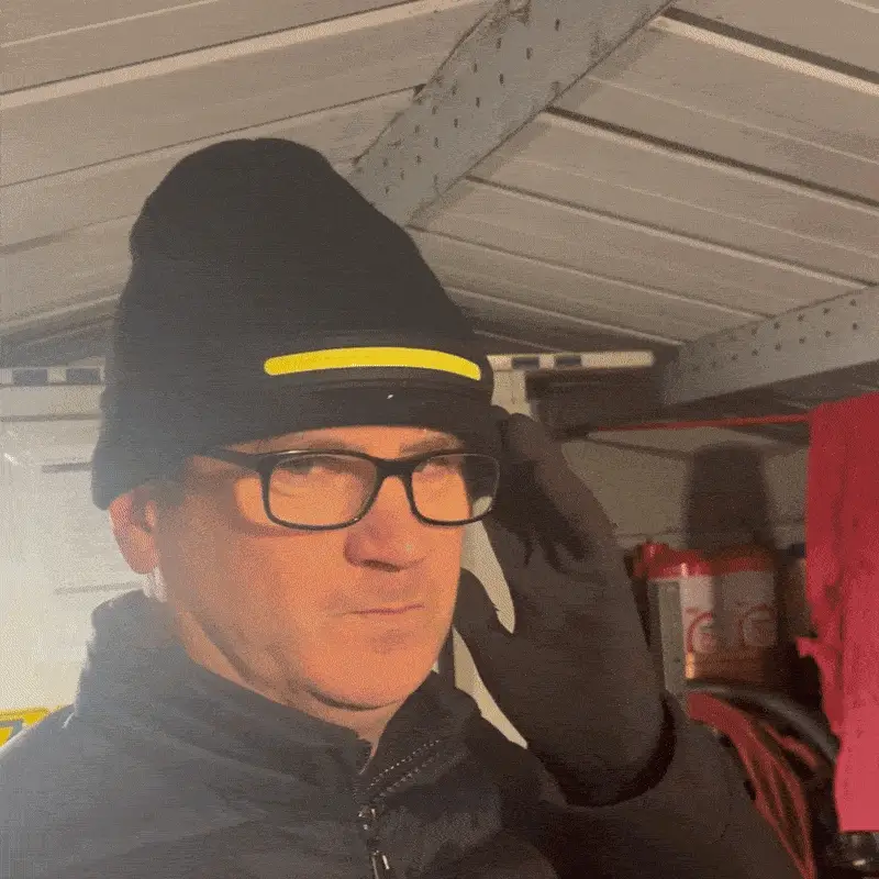 LED beanie shown during an evening outing