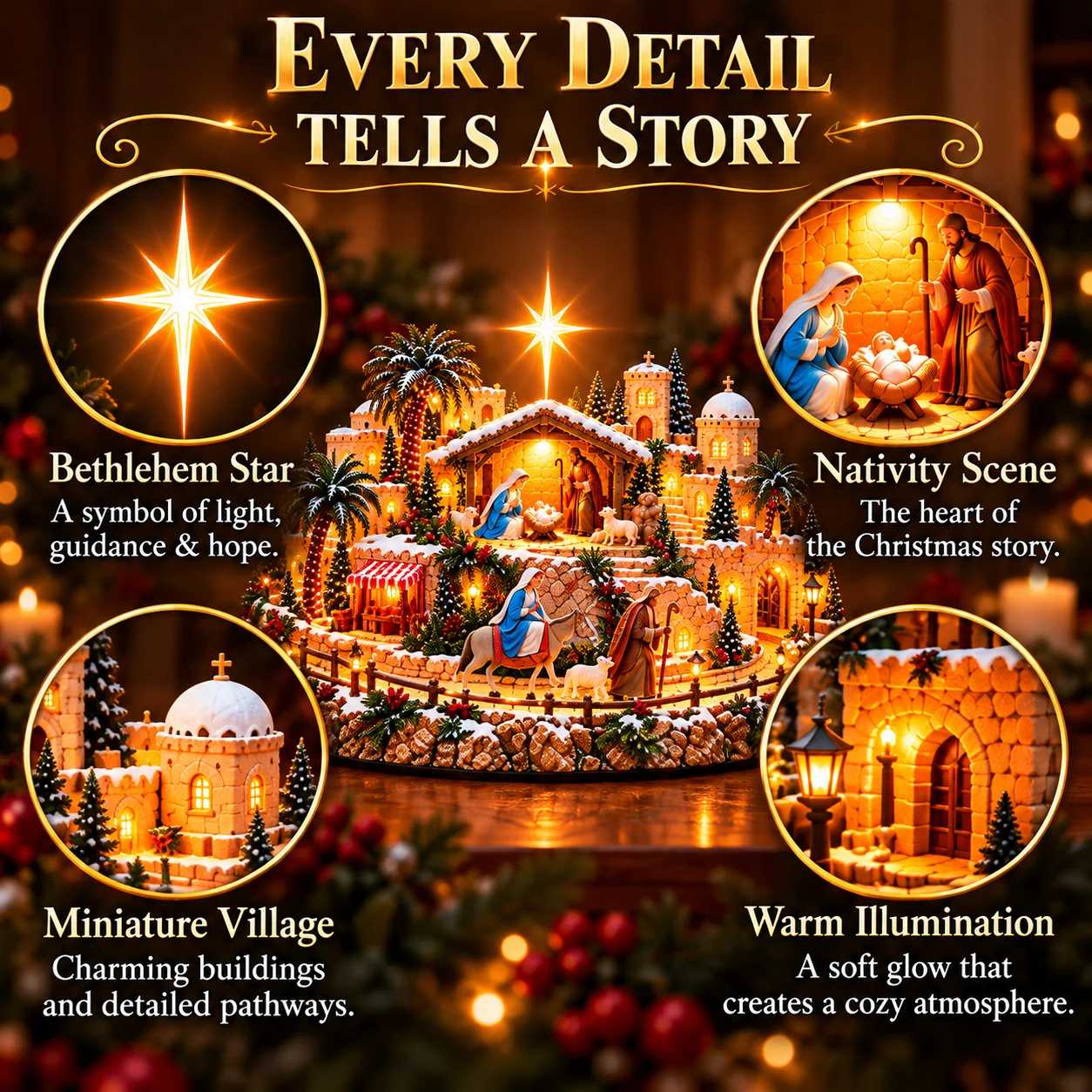 Detailed figures, buildings and pathways in the Bethlehem Nativity display