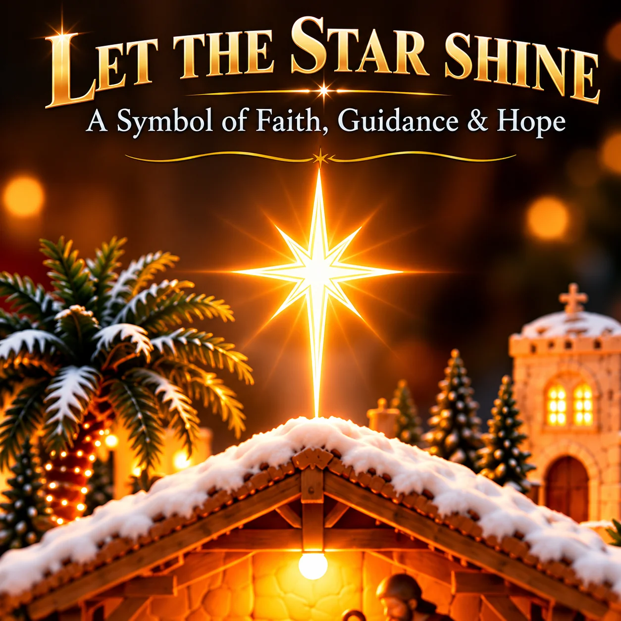Radiant Star of Bethlehem above a warmly illuminated miniature village