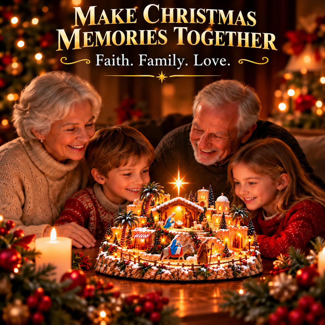 Family sharing the Christmas story beside the Bethlehem display