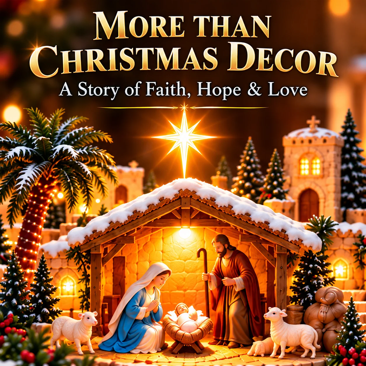 Illuminated Nativity scene featuring the Holy Family