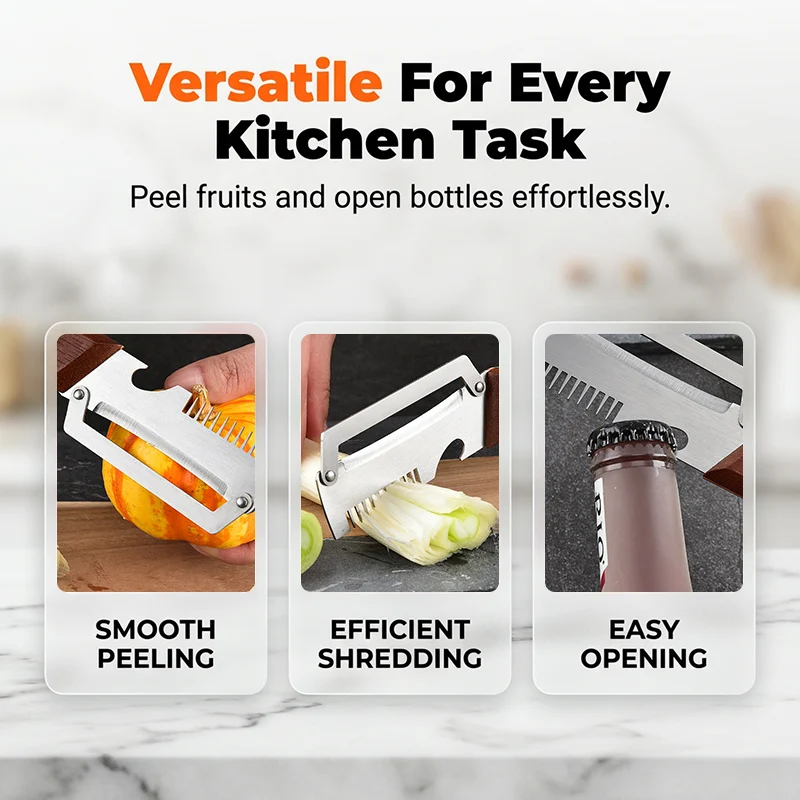3-in-1 scallion shredder peeler and bottle opener with wooden handle