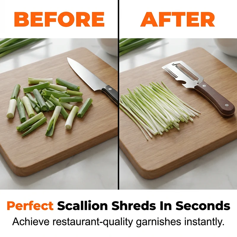 Stainless steel scallion shredder creating thin green onion strips