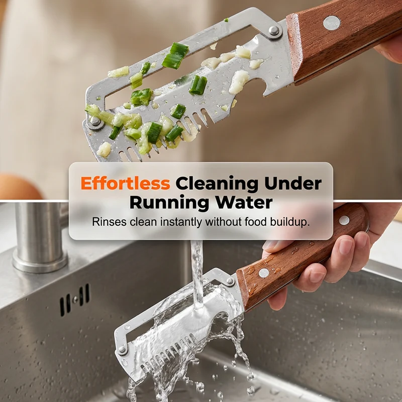 Stainless steel cutting blades and natural wooden handle details