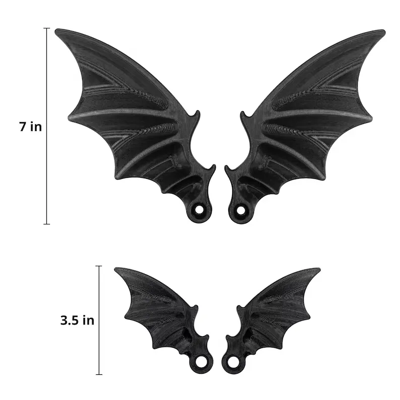 Size comparison diagram showing large 7 inch and small 3.5 inch bat wings