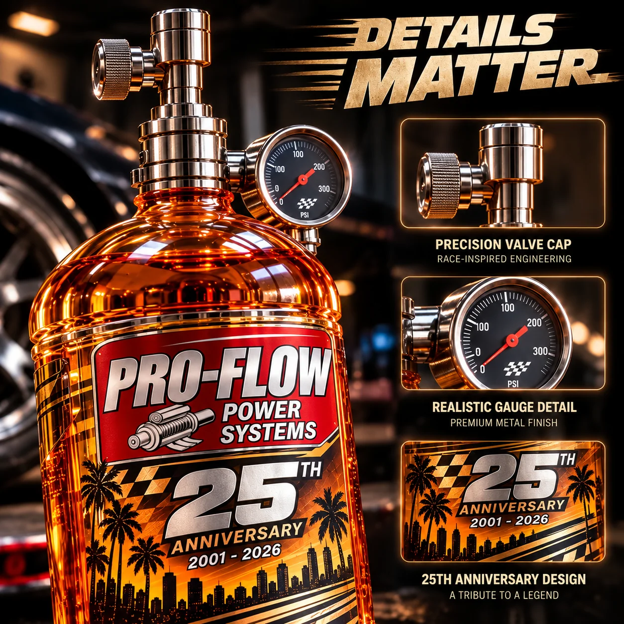 Closer view of the display bottle's front artwork and automotive-inspired styling