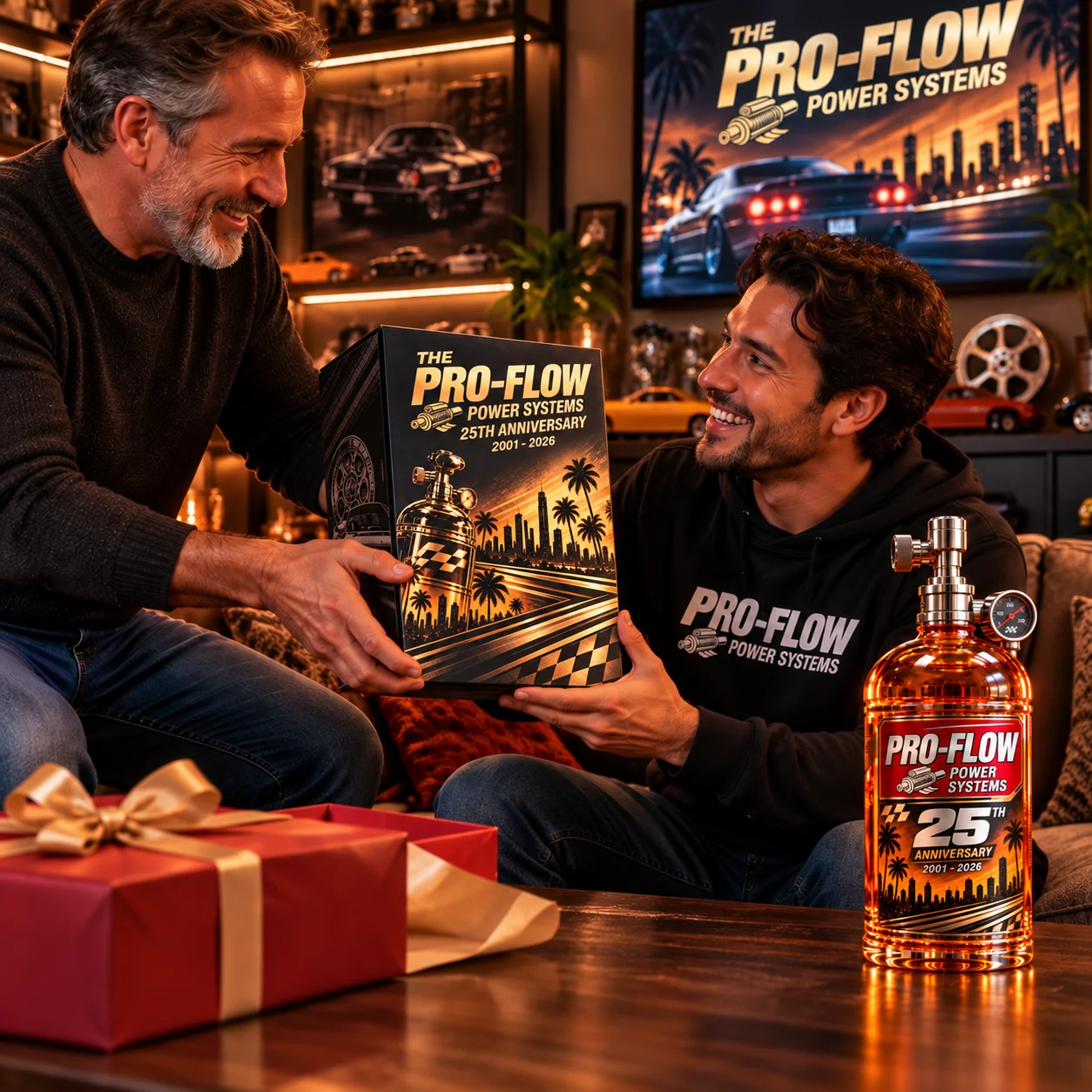 Gift-giving scene featuring the display bottle and presentation packaging
