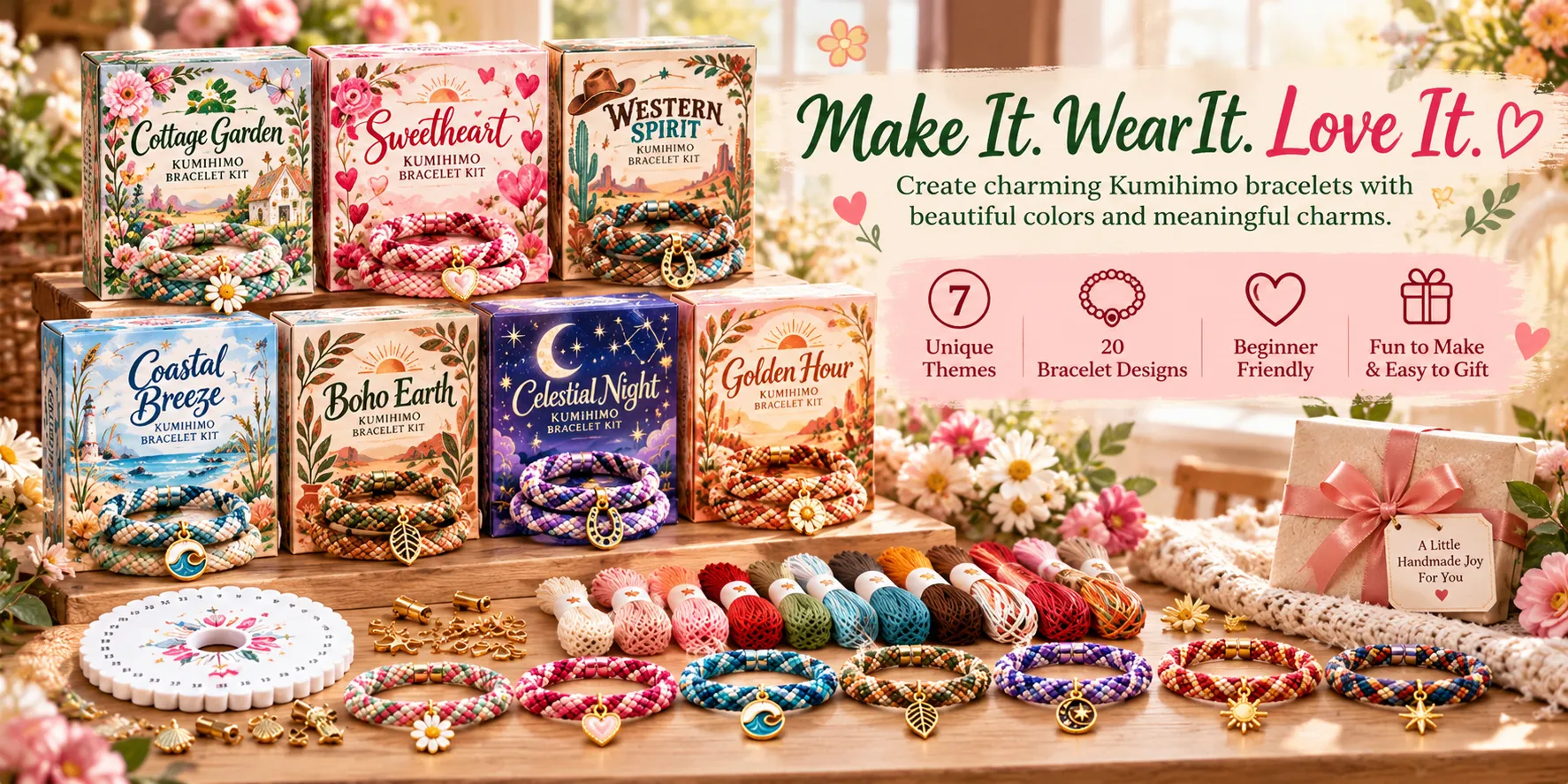 Kumihimo bracelet making kit collection showing colorful cord styles