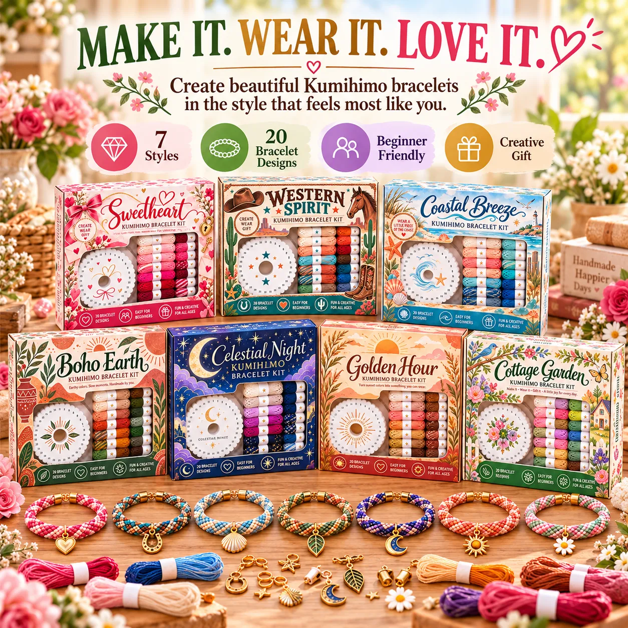 Kumihimo bracelet making kit inspiration with colorful threads and charms